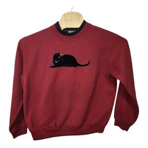 VTG Top Stitch By Morning Sun Women's Velvet Black Cat Maroon Sweatshirt Large L